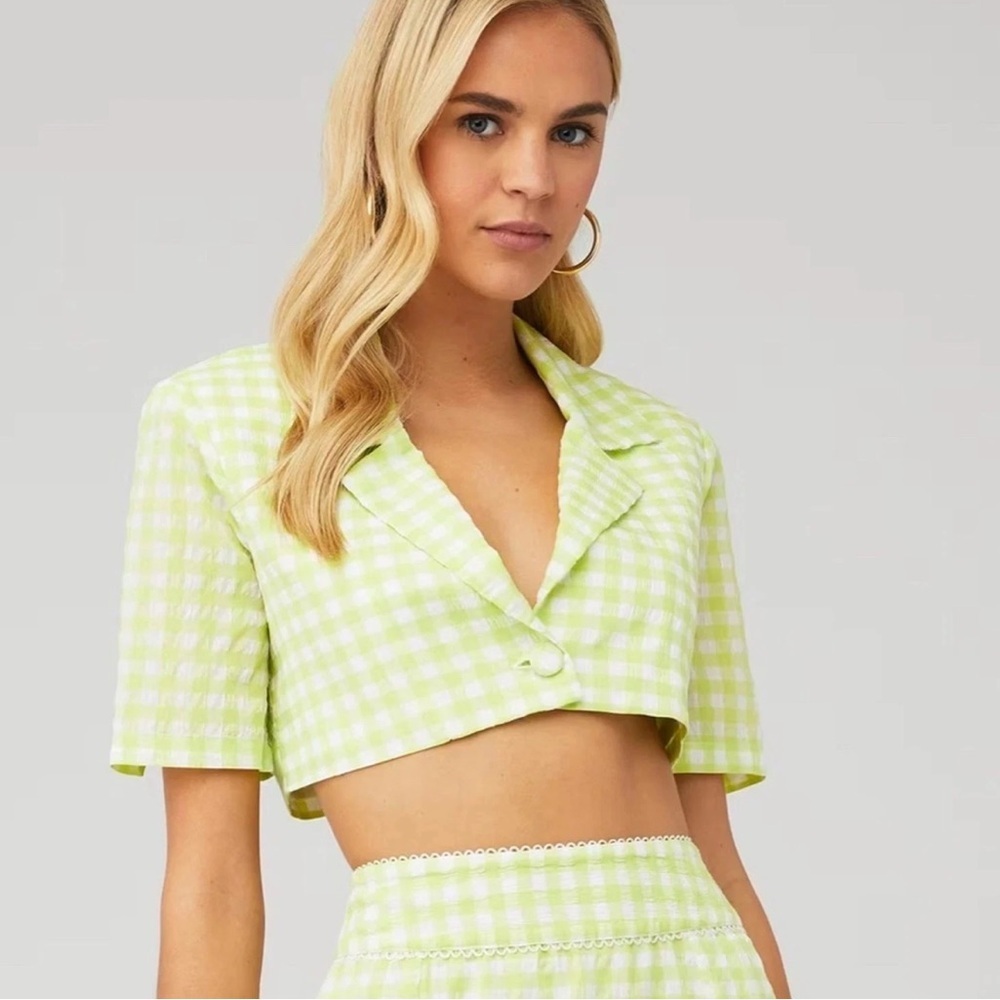 For Love & Lemons Maureen Gingham Seersuck Crop Blazer Top in Green Size XL